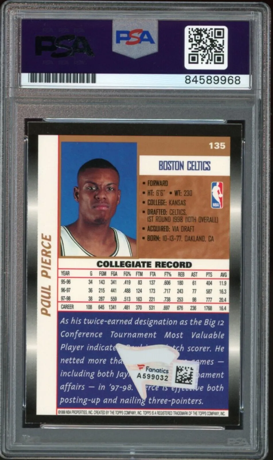 1998 Topps #135 Paul Pierce RC Rookie HOF 21 PSA/DNA Auto GEM MINT 10 Fanatics