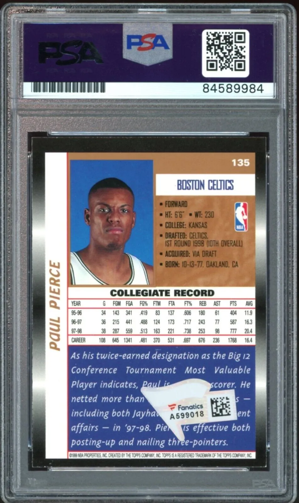 1998 Topps #135 Paul Pierce RC Rookie PSA/DNA Auto Grade GEM MINT 10 Fanatics