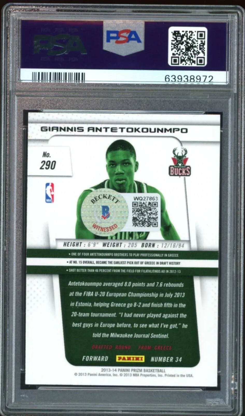 2013 Panini Prizm #290 Giannis Antetokounmpo RC Rookie Bucks PSA/DNA Auto 10