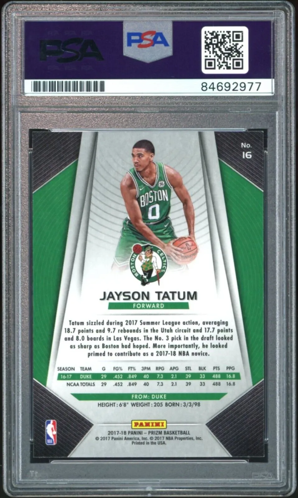 2017 Panini Prizm #16 Jayson Tatum RC On Card Green Ink PSA/DNA Auto Authentic