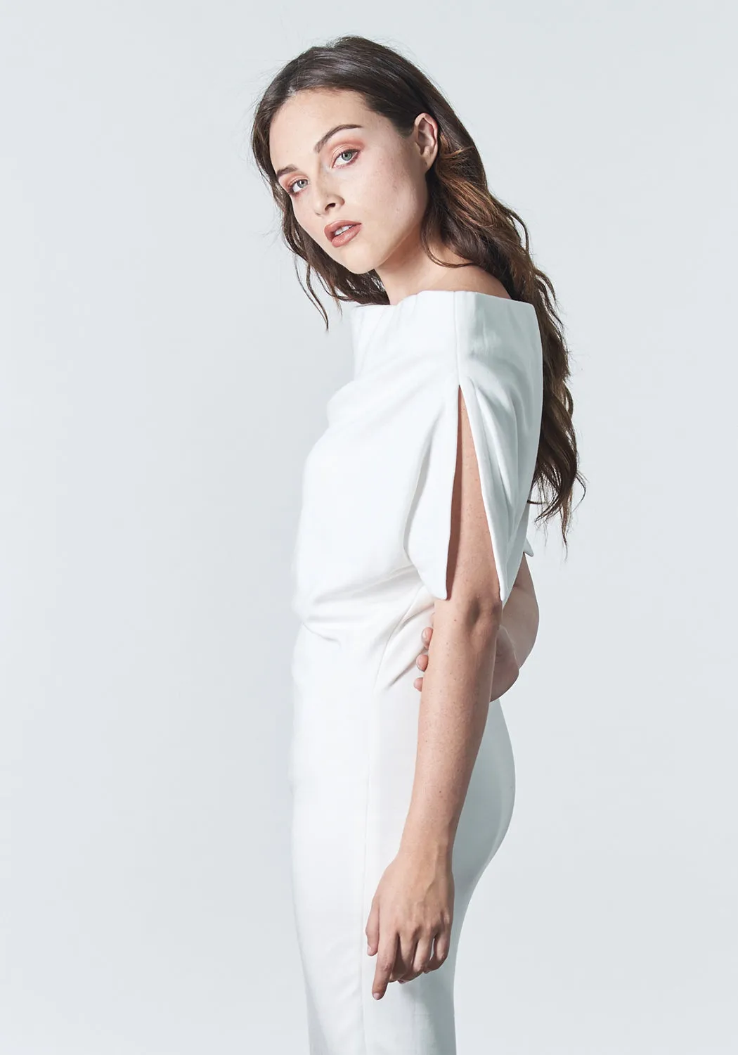 ALEXI Off-the-shoulder Ecru Knit Dress