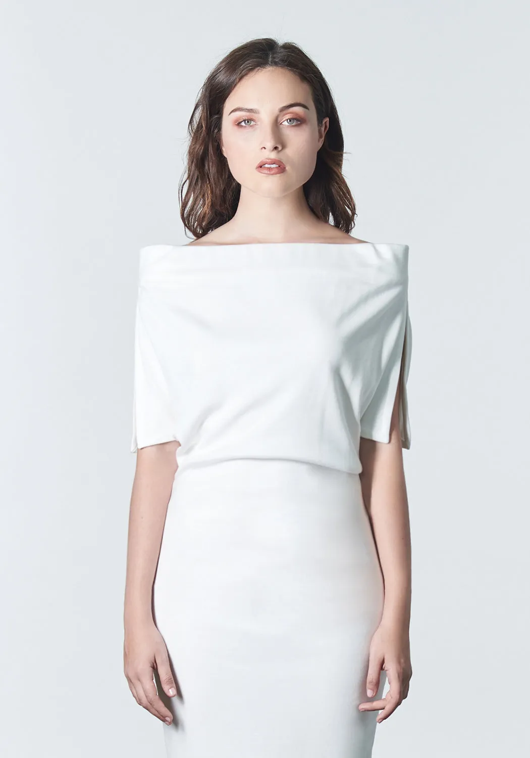 ALEXI Off-the-shoulder Ecru Knit Dress