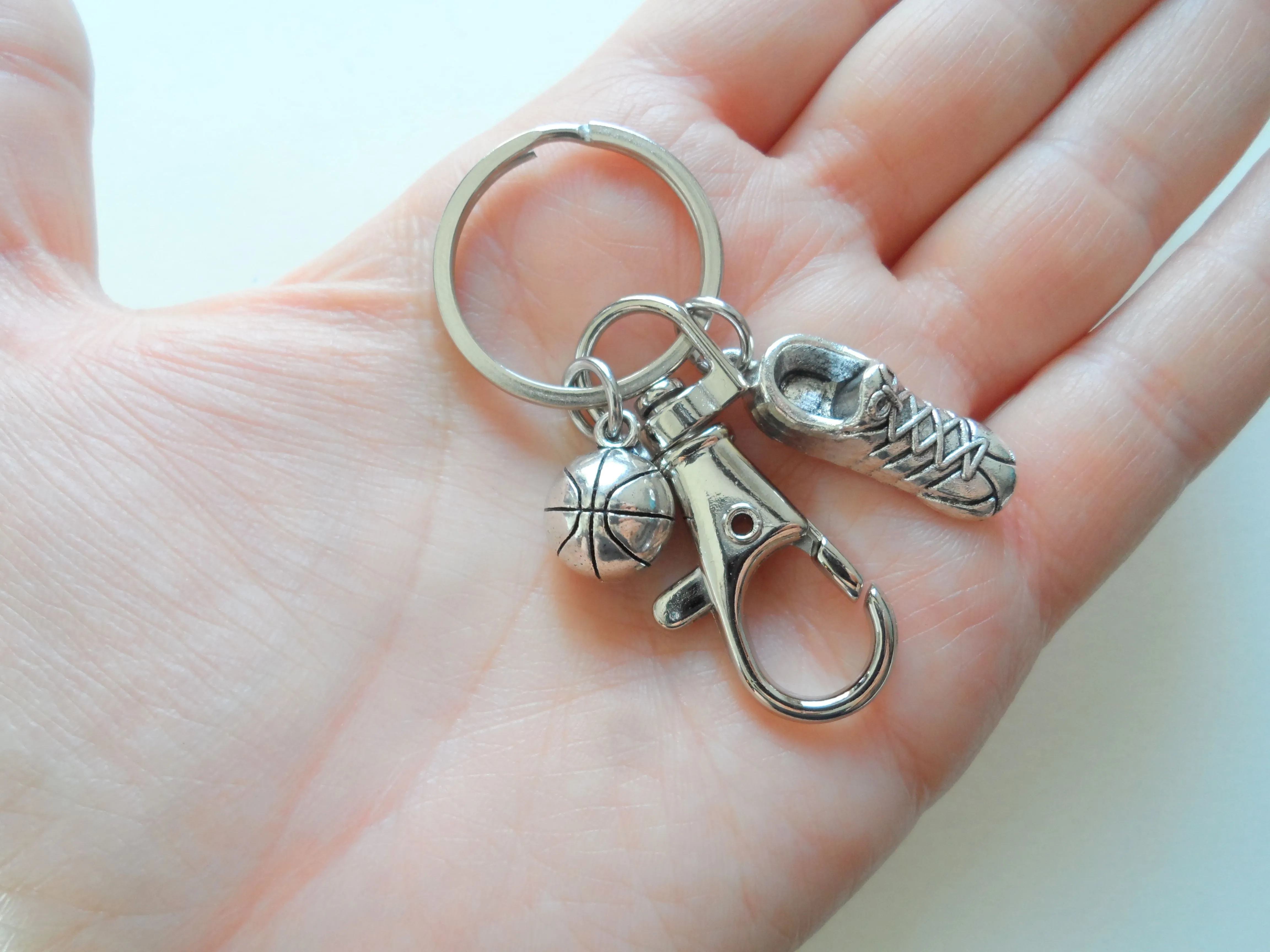 Basketball Charm Keychain with Sneaker Shoe Charm and Swivel Clasp Hook, Basketball Player Keychain