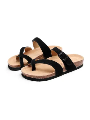 Black Buckle-Accent Suede Upper Sandal