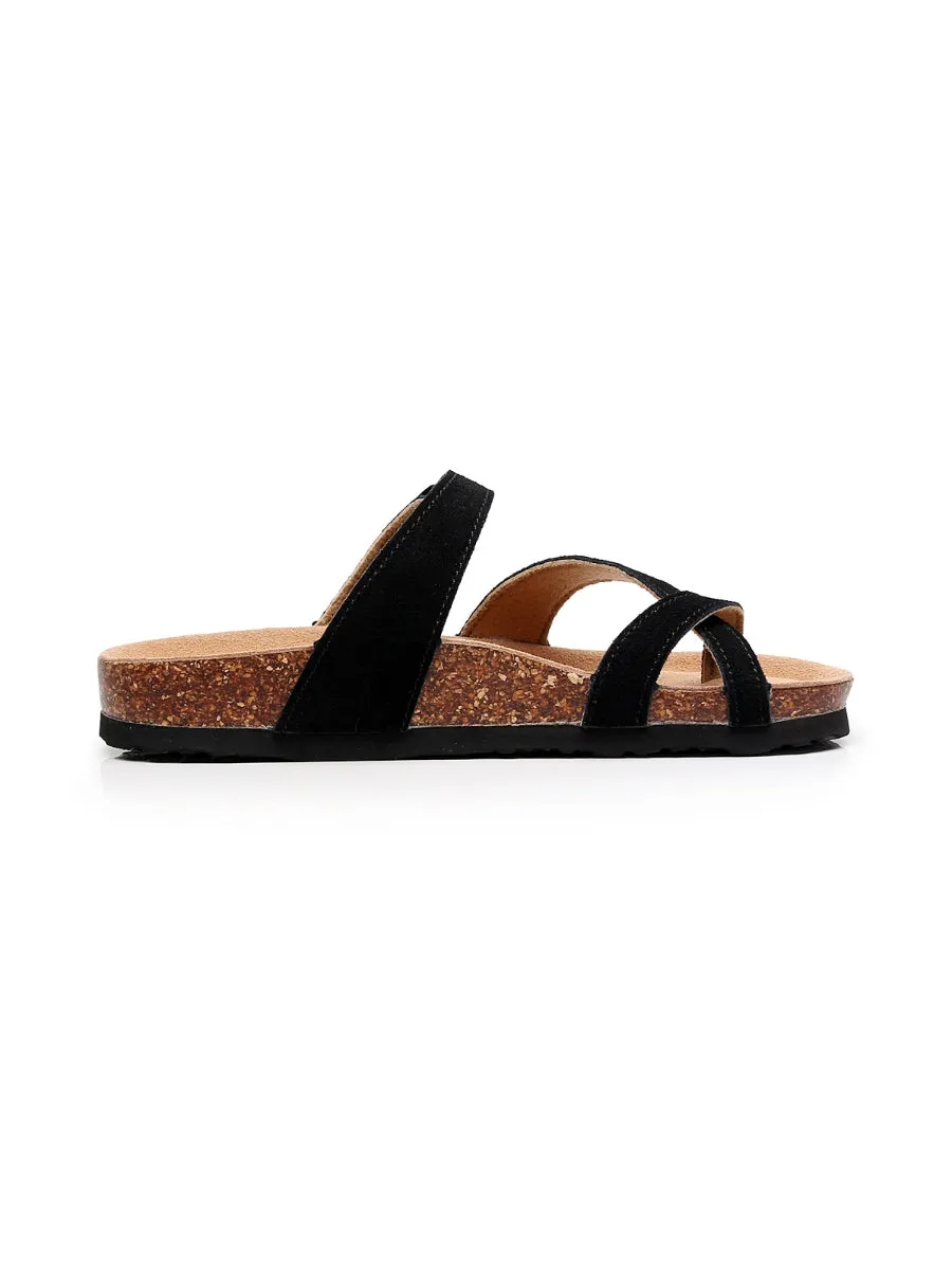 Black Buckle-Accent Suede Upper Sandal