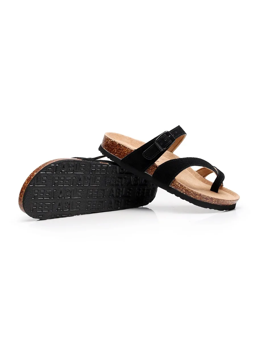 Black Buckle-Accent Suede Upper Sandal
