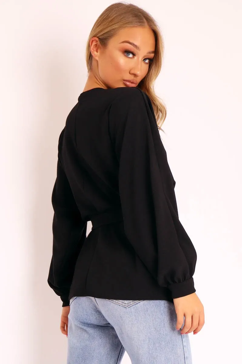 Black Plunge Belted Blouse - Goldie