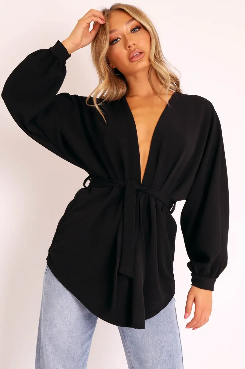Black Plunge Belted Blouse - Goldie
