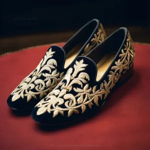 Black Velvet Hand Work Zardozi Peshawari Loafers | Wedding Shoes for Groom | Shoes for Haldi Mehendi Sangeet