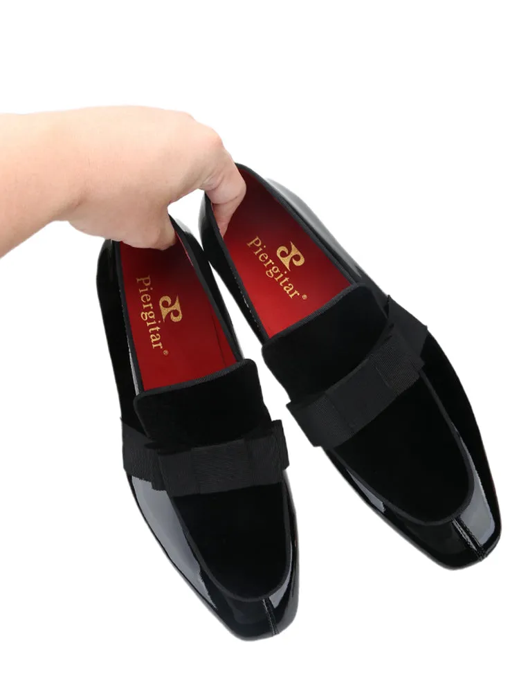 British style classic dress shoes handmade bow men's loafers patent leather velvet stitching square toe casual shoes