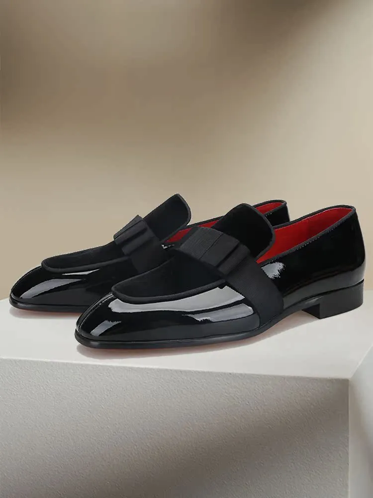 British style classic dress shoes handmade bow men's loafers patent leather velvet stitching square toe casual shoes