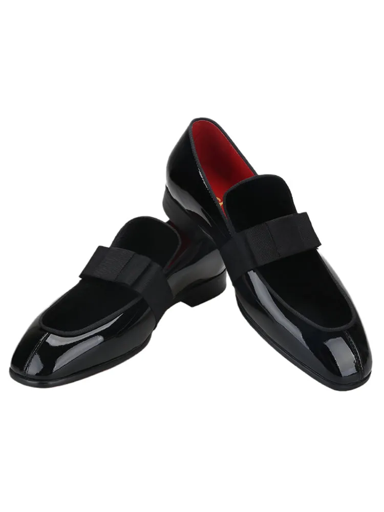British style classic dress shoes handmade bow men's loafers patent leather velvet stitching square toe casual shoes
