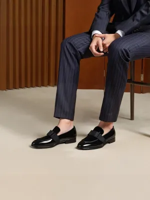 British style classic dress shoes handmade bow men's loafers patent leather velvet stitching square toe casual shoes