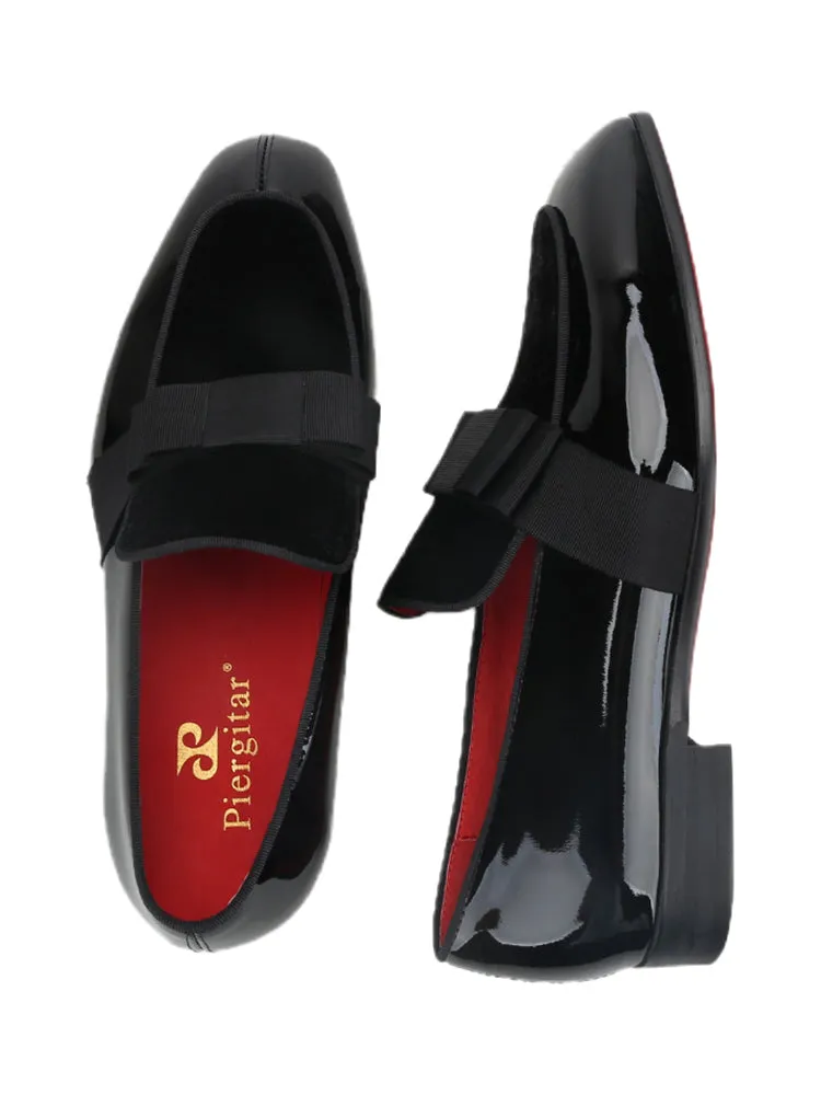British style classic dress shoes handmade bow men's loafers patent leather velvet stitching square toe casual shoes