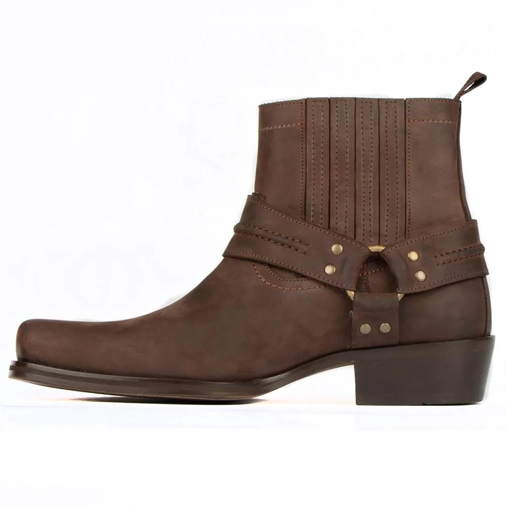 Brown Genuine Oiled Leather Western Boots Men Biker Ankle Boots