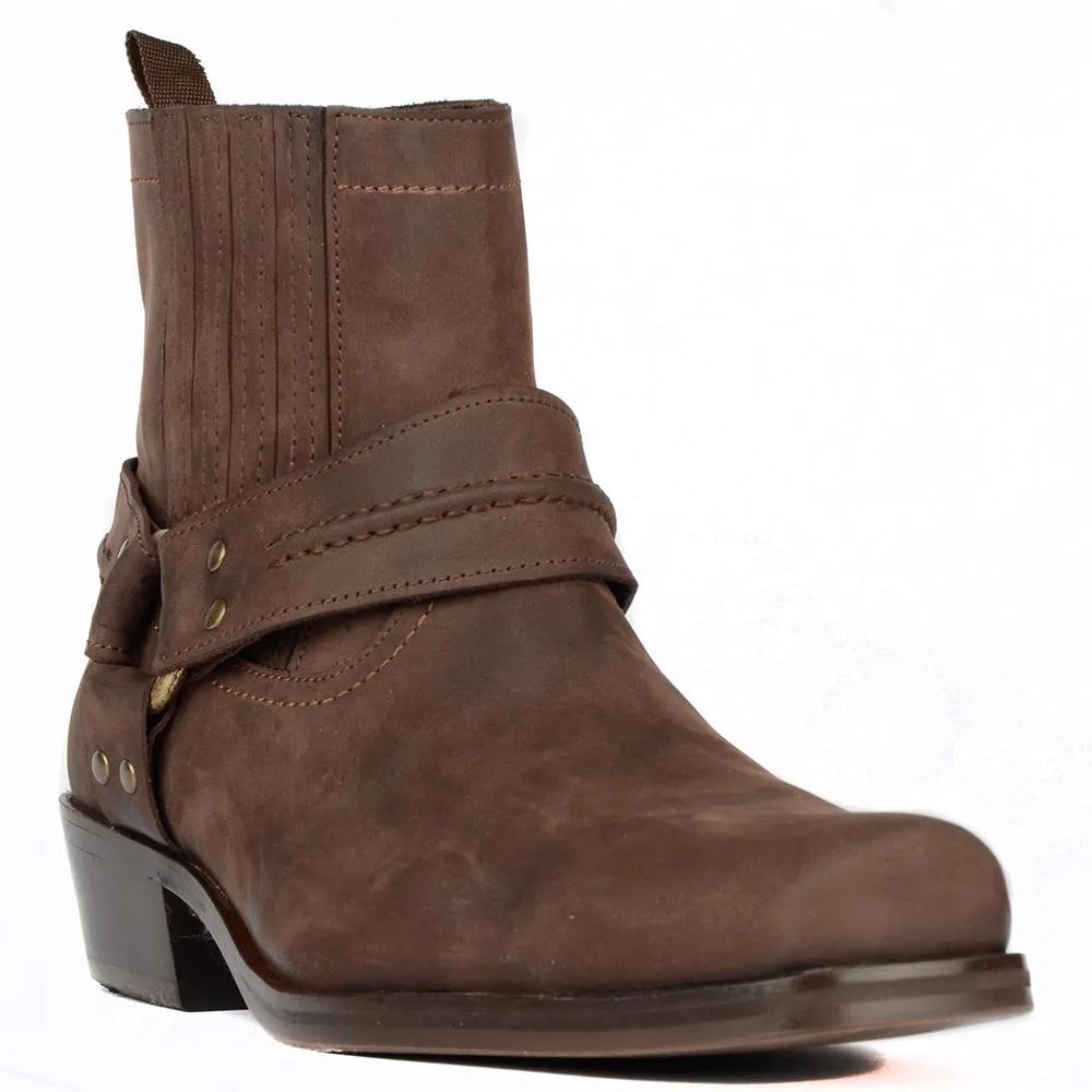 Brown Genuine Oiled Leather Western Boots Men Biker Ankle Boots
