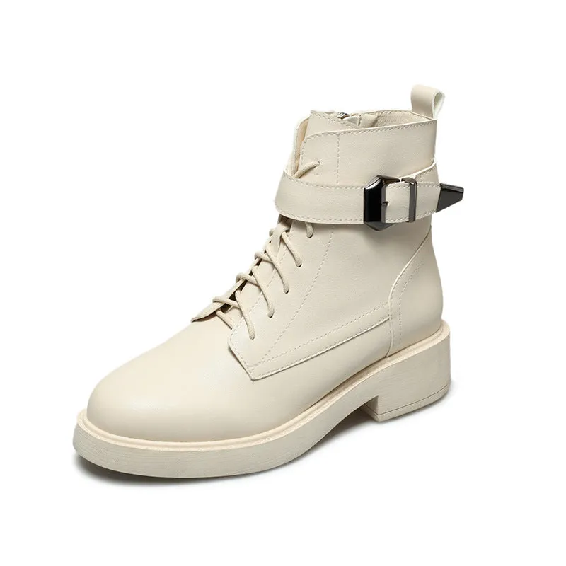 Buckled motorcycle boots women's lace up short boots