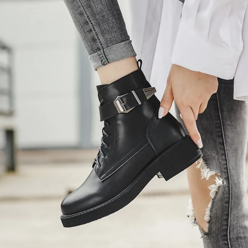 Buckled motorcycle boots women's lace up short boots