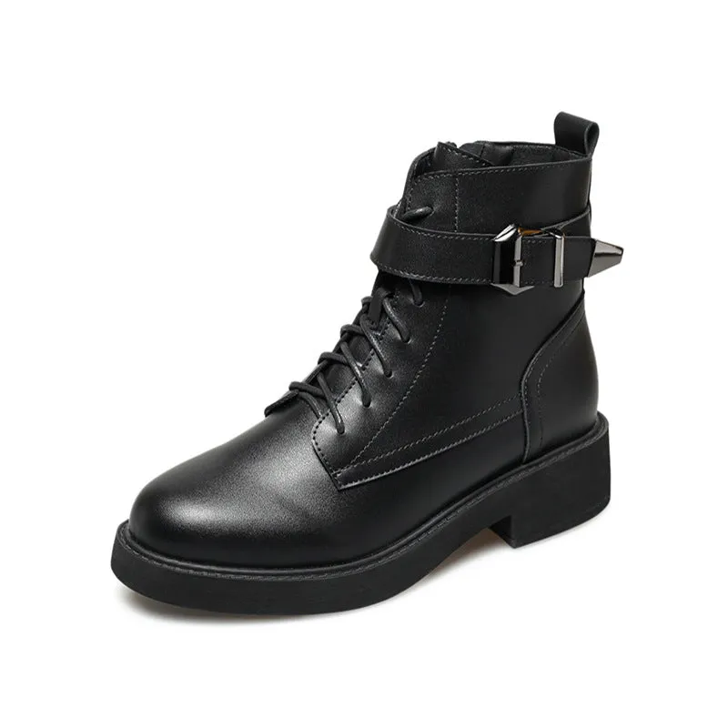 Buckled motorcycle boots women's lace up short boots