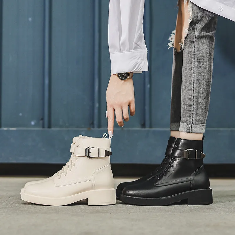 Buckled motorcycle boots women's lace up short boots