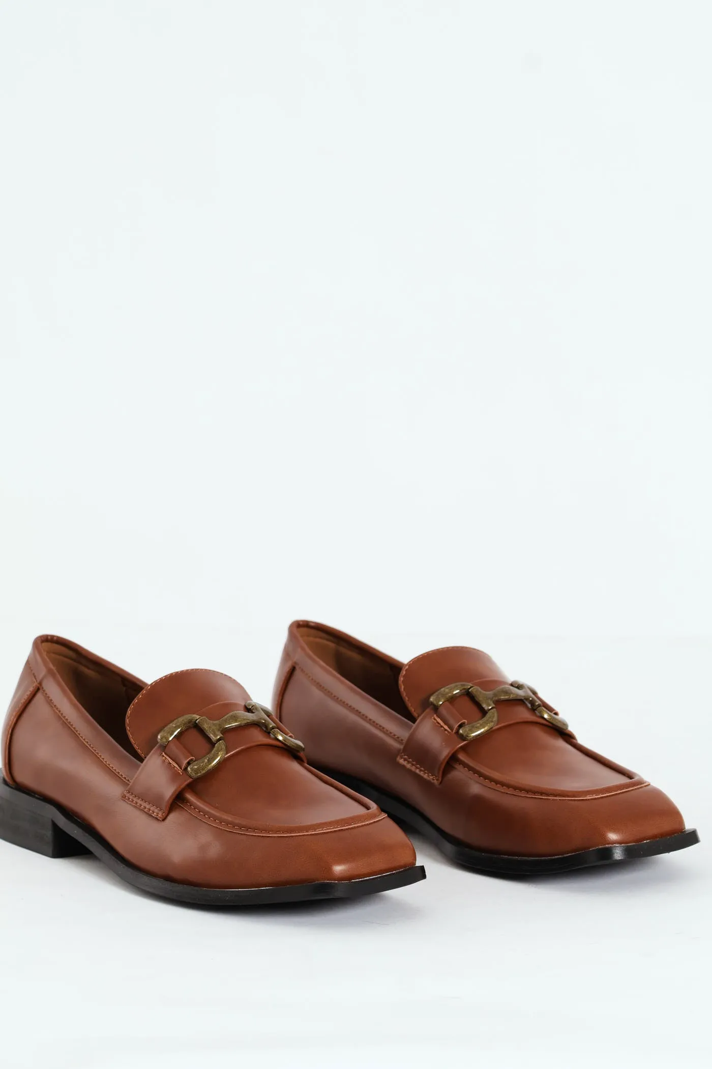 Burnished PU Loafer With Brass Trim - Brown