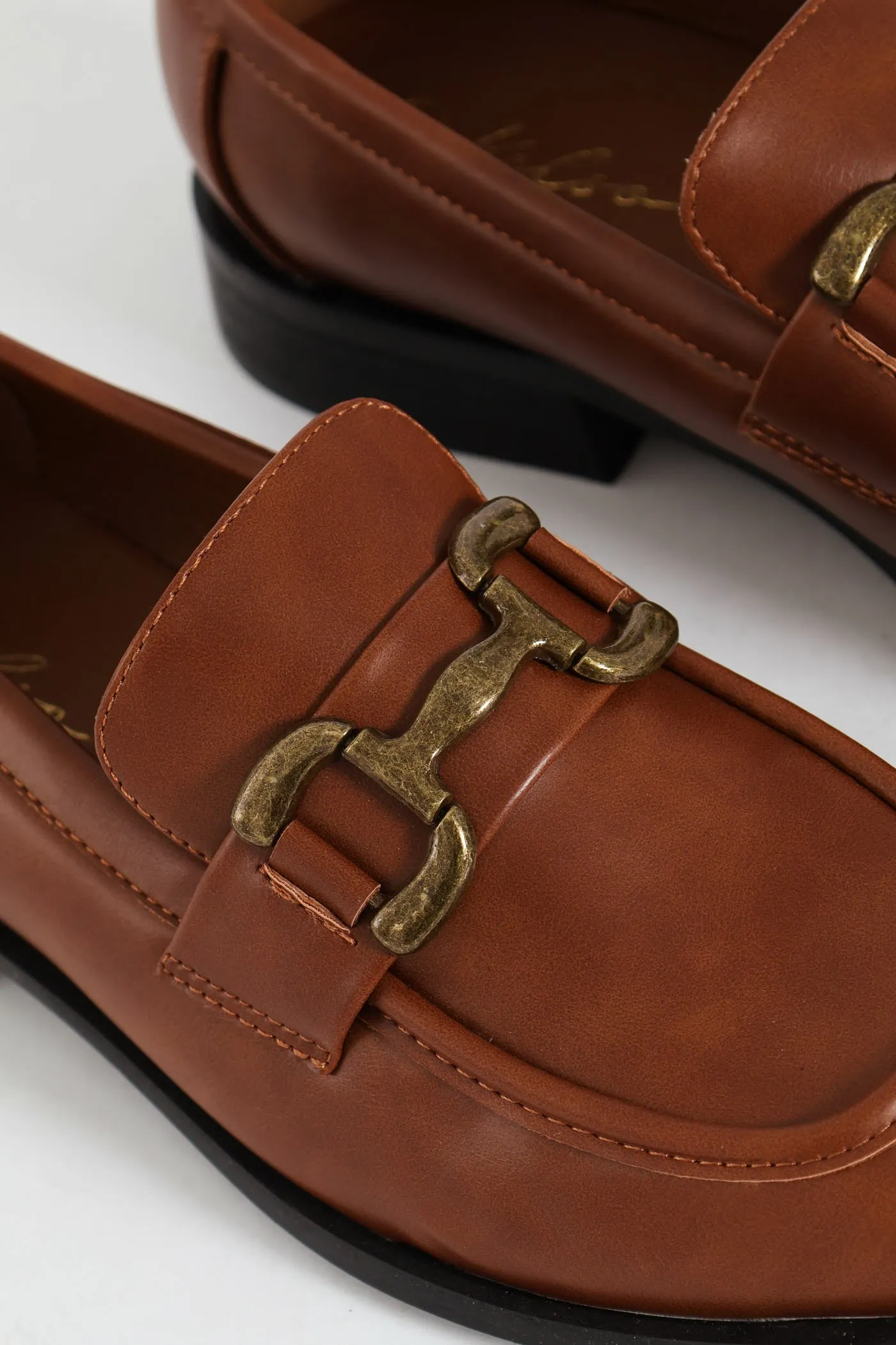 Burnished PU Loafer With Brass Trim - Brown