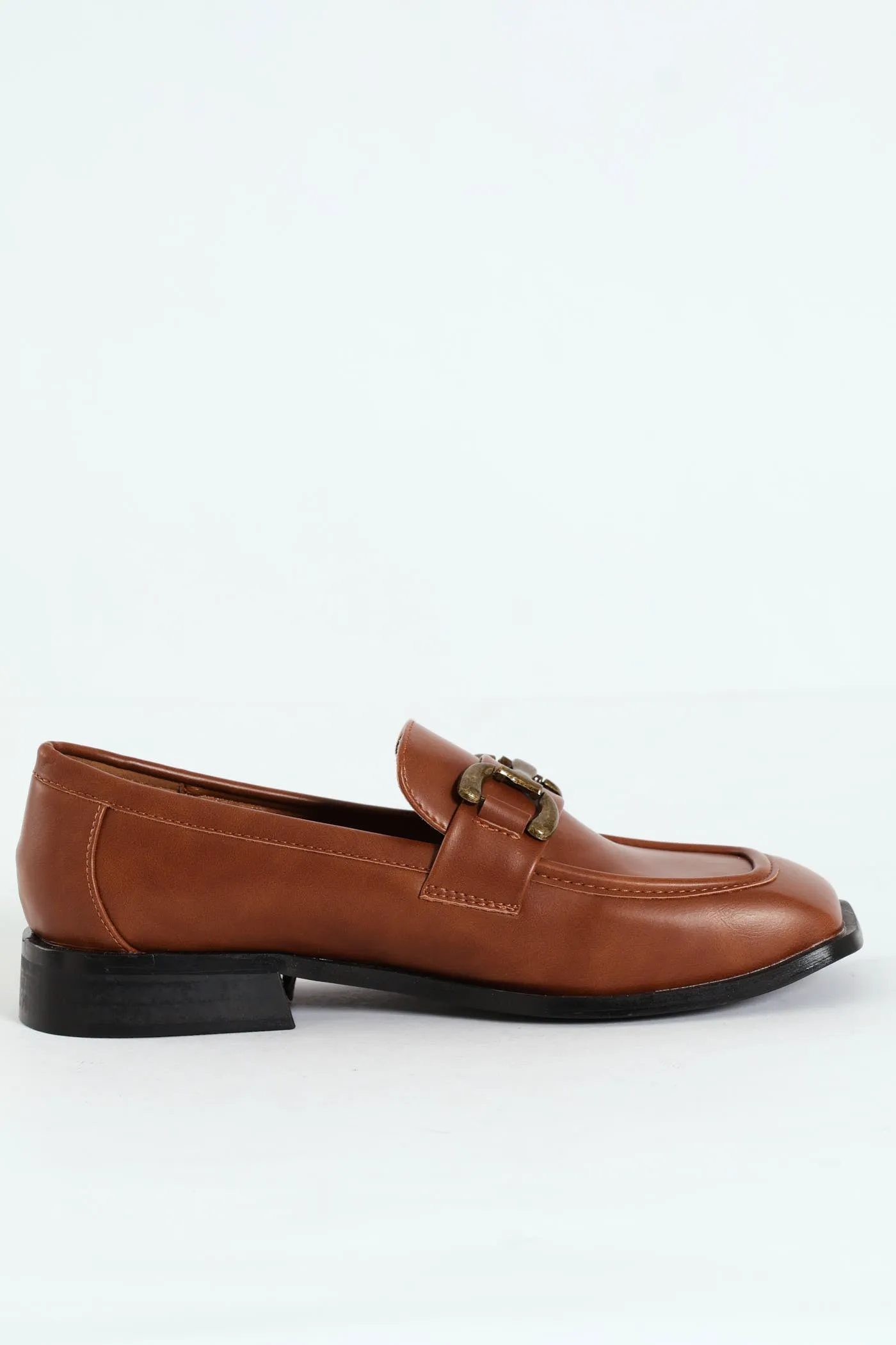 Burnished PU Loafer With Brass Trim - Brown