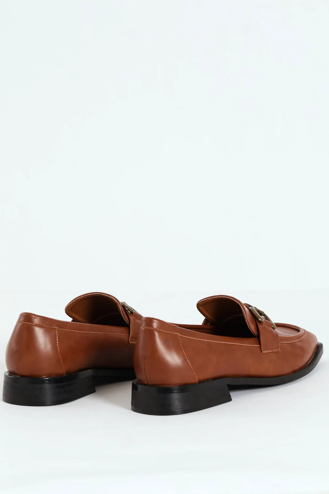 Burnished PU Loafer With Brass Trim - Brown