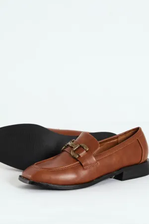 Burnished PU Loafer With Brass Trim - Brown