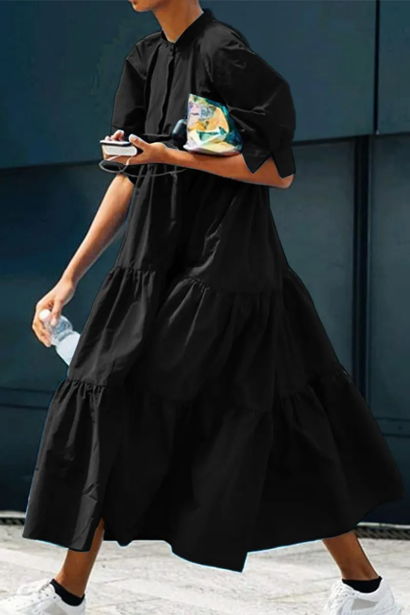 Chouyatou Women's Summer Puff Sleeve Maxi Tiered Babydoll Dress Casual A-Line Swing Long Shirt Dress