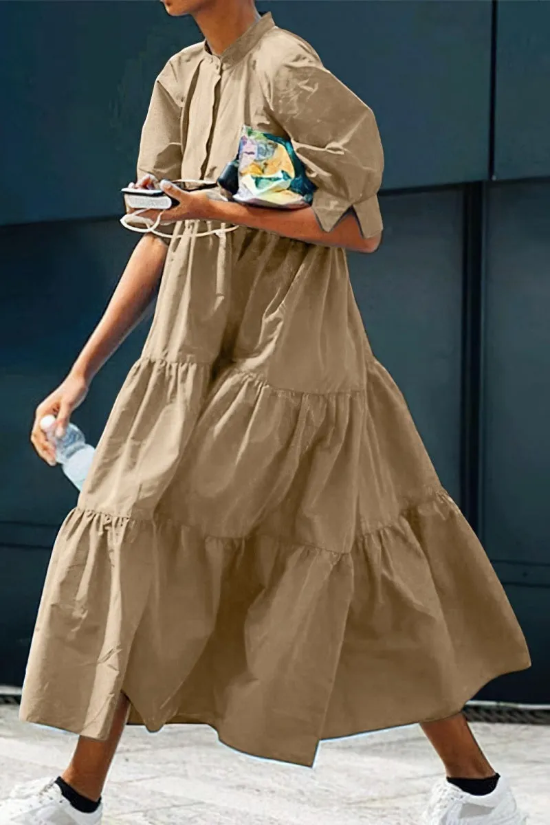 Chouyatou Women's Summer Puff Sleeve Maxi Tiered Babydoll Dress Casual A-Line Swing Long Shirt Dress
