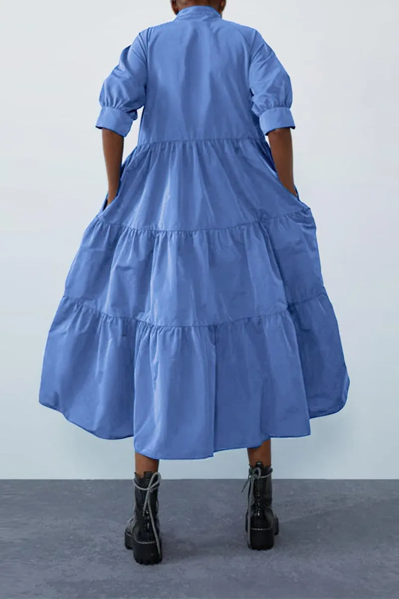 Chouyatou Women's Summer Puff Sleeve Maxi Tiered Babydoll Dress Casual A-Line Swing Long Shirt Dress