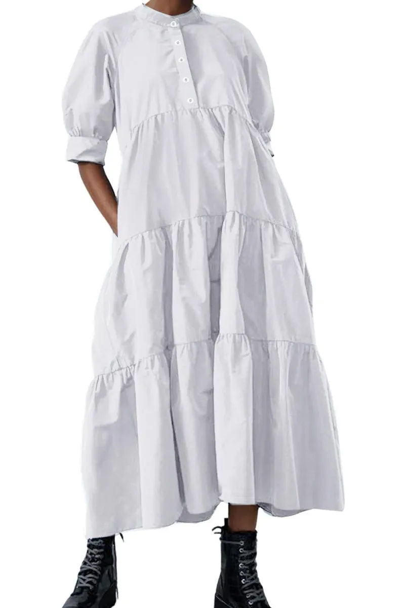 Chouyatou Women's Summer Puff Sleeve Maxi Tiered Babydoll Dress Casual A-Line Swing Long Shirt Dress