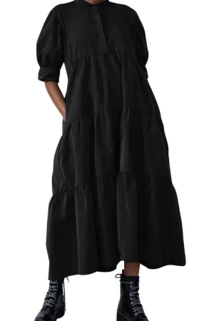 Chouyatou Women's Summer Puff Sleeve Maxi Tiered Babydoll Dress Casual A-Line Swing Long Shirt Dress