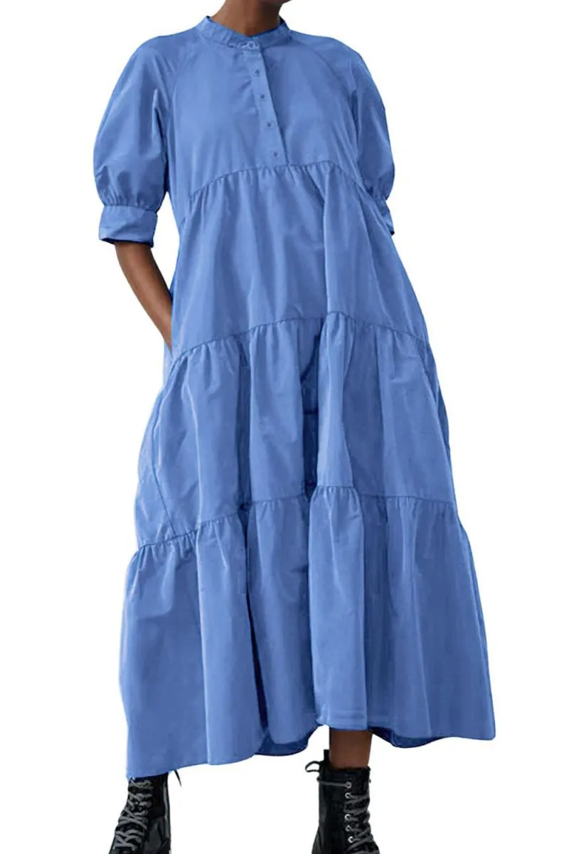 Chouyatou Women's Summer Puff Sleeve Maxi Tiered Babydoll Dress Casual A-Line Swing Long Shirt Dress