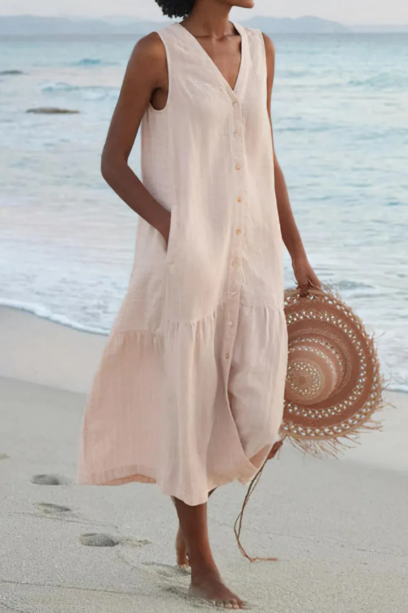 Chouyatou Women's Summer Sleeveless Button Down Cotton Tank Dress Loose A-Line Tiered Tunic Beach Dress