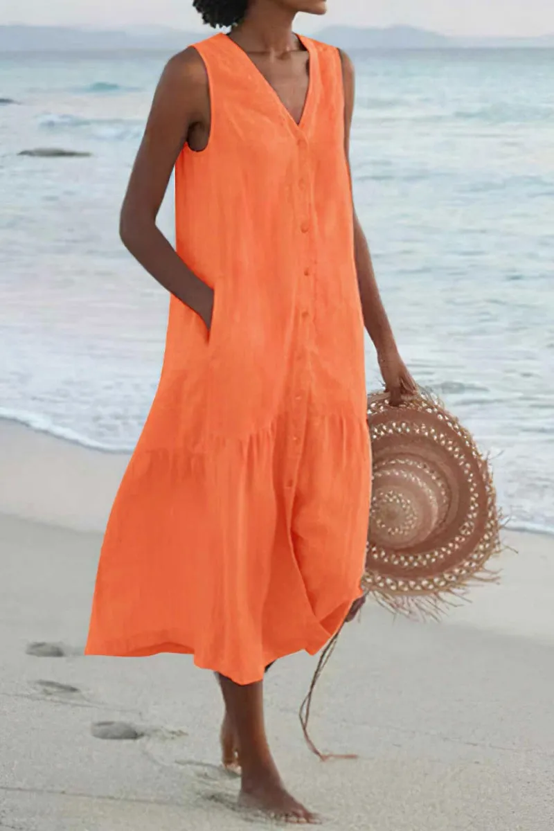 Chouyatou Women's Summer Sleeveless Button Down Cotton Tank Dress Loose A-Line Tiered Tunic Beach Dress