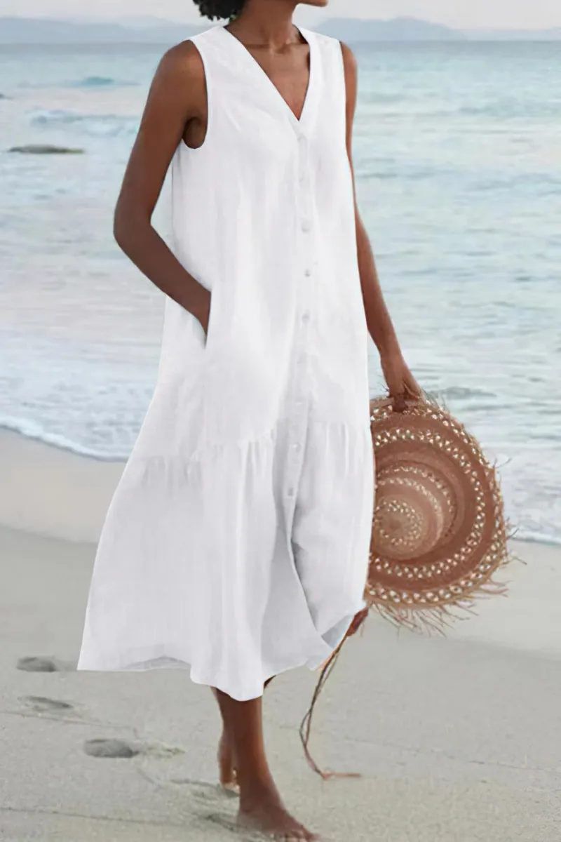 Chouyatou Women's Summer Sleeveless Button Down Cotton Tank Dress Loose A-Line Tiered Tunic Beach Dress