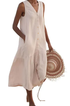 Chouyatou Women's Summer Sleeveless Button Down Cotton Tank Dress Loose A-Line Tiered Tunic Beach Dress