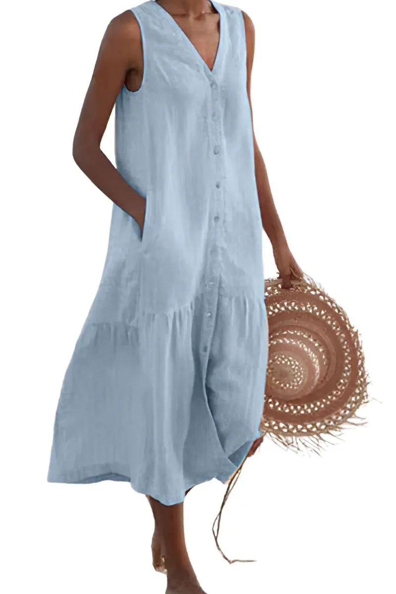Chouyatou Women's Summer Sleeveless Button Down Cotton Tank Dress Loose A-Line Tiered Tunic Beach Dress