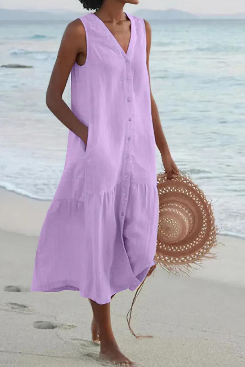 Chouyatou Women's Summer Sleeveless Button Down Cotton Tank Dress Loose A-Line Tiered Tunic Beach Dress
