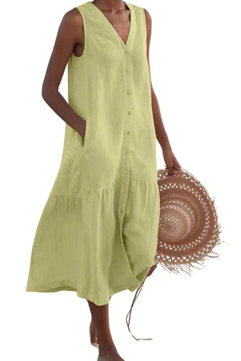 Chouyatou Women's Summer Sleeveless Button Down Cotton Tank Dress Loose A-Line Tiered Tunic Beach Dress