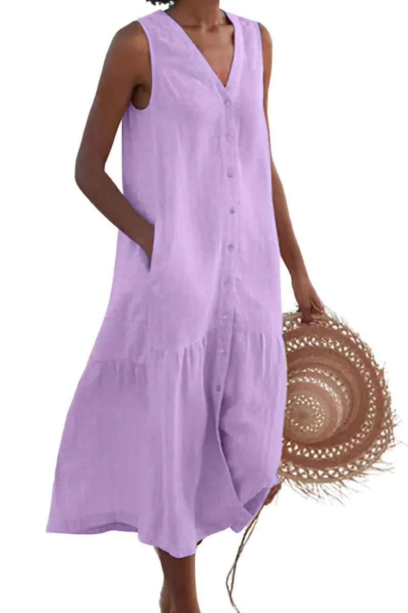 Chouyatou Women's Summer Sleeveless Button Down Cotton Tank Dress Loose A-Line Tiered Tunic Beach Dress