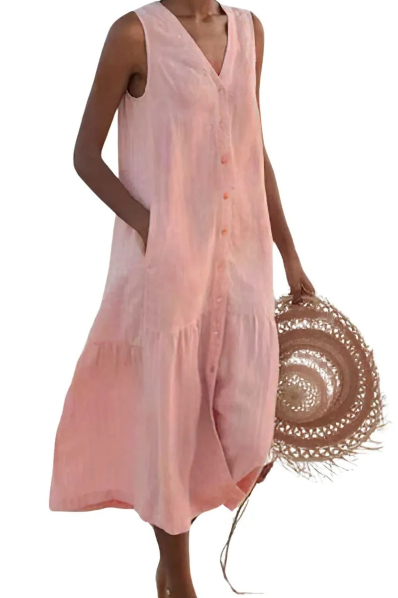 Chouyatou Women's Summer Sleeveless Button Down Cotton Tank Dress Loose A-Line Tiered Tunic Beach Dress