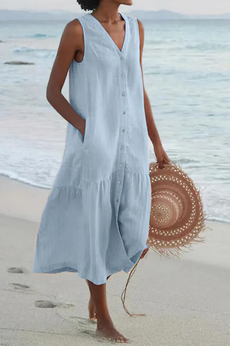 Chouyatou Women's Summer Sleeveless Button Down Cotton Tank Dress Loose A-Line Tiered Tunic Beach Dress