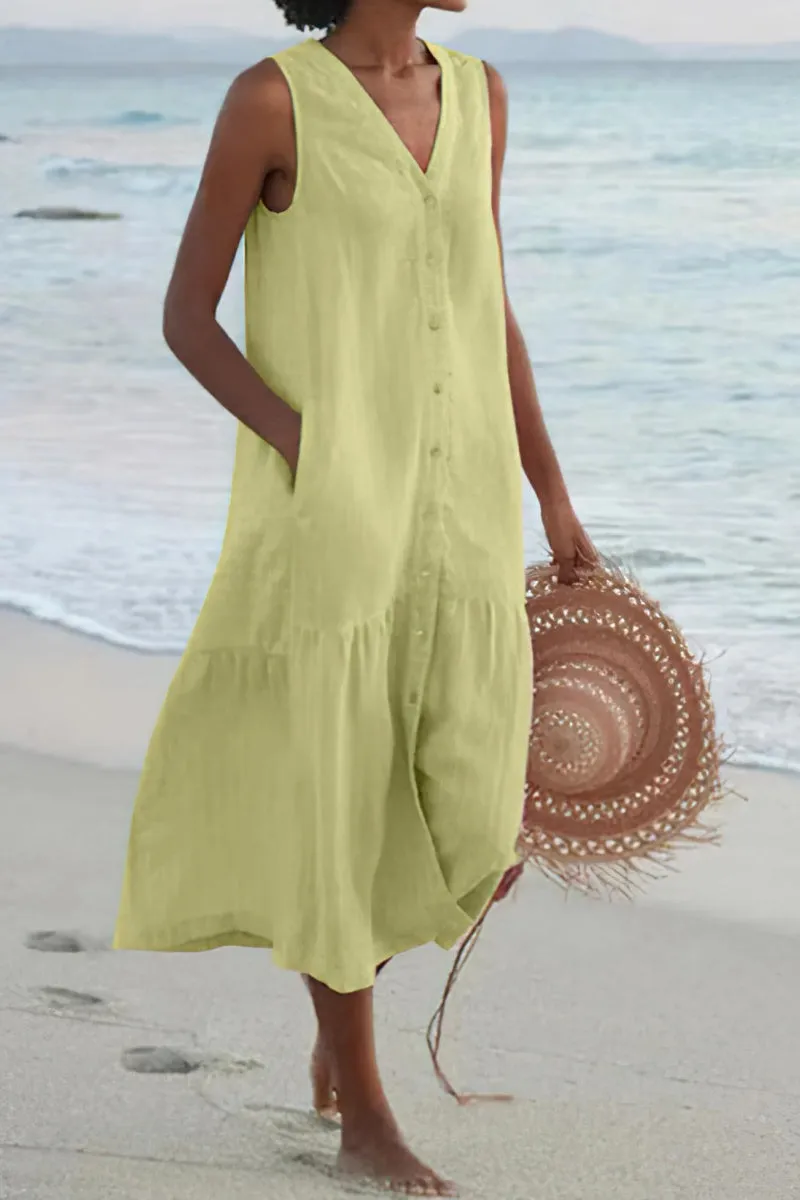 Chouyatou Women's Summer Sleeveless Button Down Cotton Tank Dress Loose A-Line Tiered Tunic Beach Dress