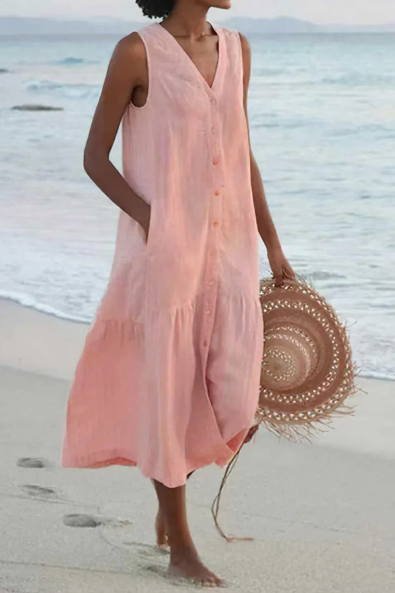 Chouyatou Women's Summer Sleeveless Button Down Cotton Tank Dress Loose A-Line Tiered Tunic Beach Dress