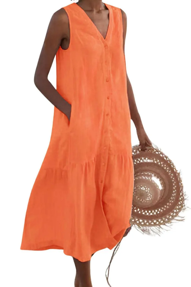 Chouyatou Women's Summer Sleeveless Button Down Cotton Tank Dress Loose A-Line Tiered Tunic Beach Dress