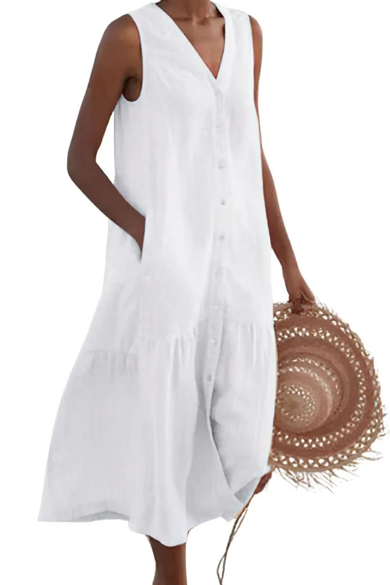 Chouyatou Women's Summer Sleeveless Button Down Cotton Tank Dress Loose A-Line Tiered Tunic Beach Dress