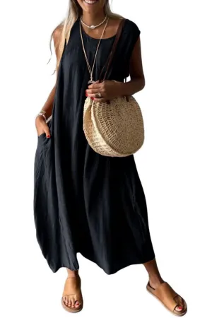 Chouyatou Women's Summer Sleeveless Linen Tank Dress Casual Loose A-Line Midi Long Beach Dress